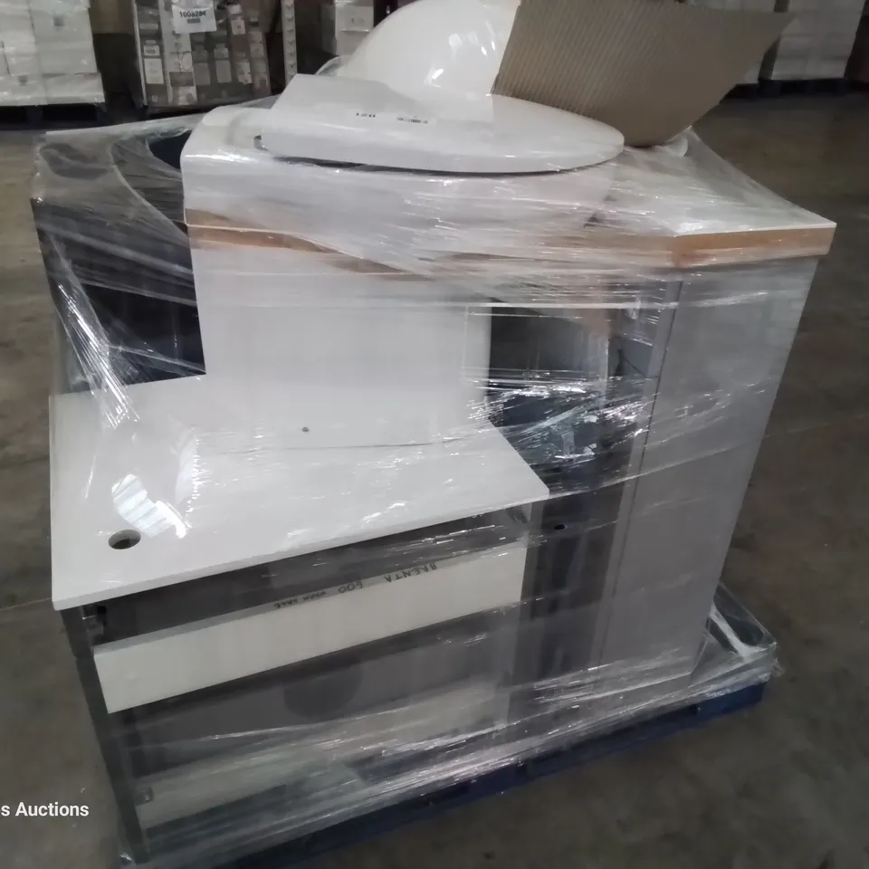 PALLET OF BATHROOM ITEMS, INCLUDING, WC BOWL WITH CONCEALED CISTERN CABINET, WASH BASIN, LED MIRROR, BASE UNITS.