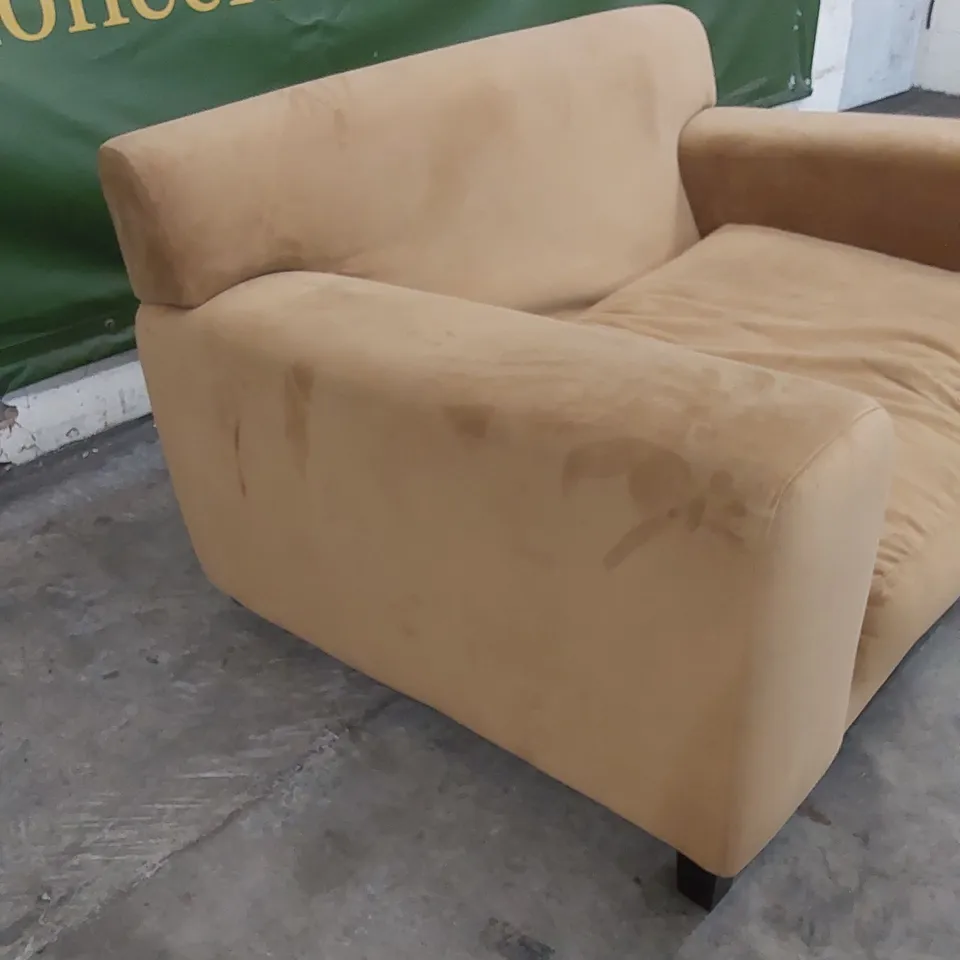 LARGE DESIGNER FABRIC UPHOLSTERED LOVESEAT - OCHRE