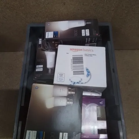 BOX OF ASSORTED BULBS AND LED LIGHTS TO INCLUDE; 2X PHILIPS HUE B22, PHILIPS LED WARM WHITE E27, AMAZON BASICS LED LIGHT STRIP ETC