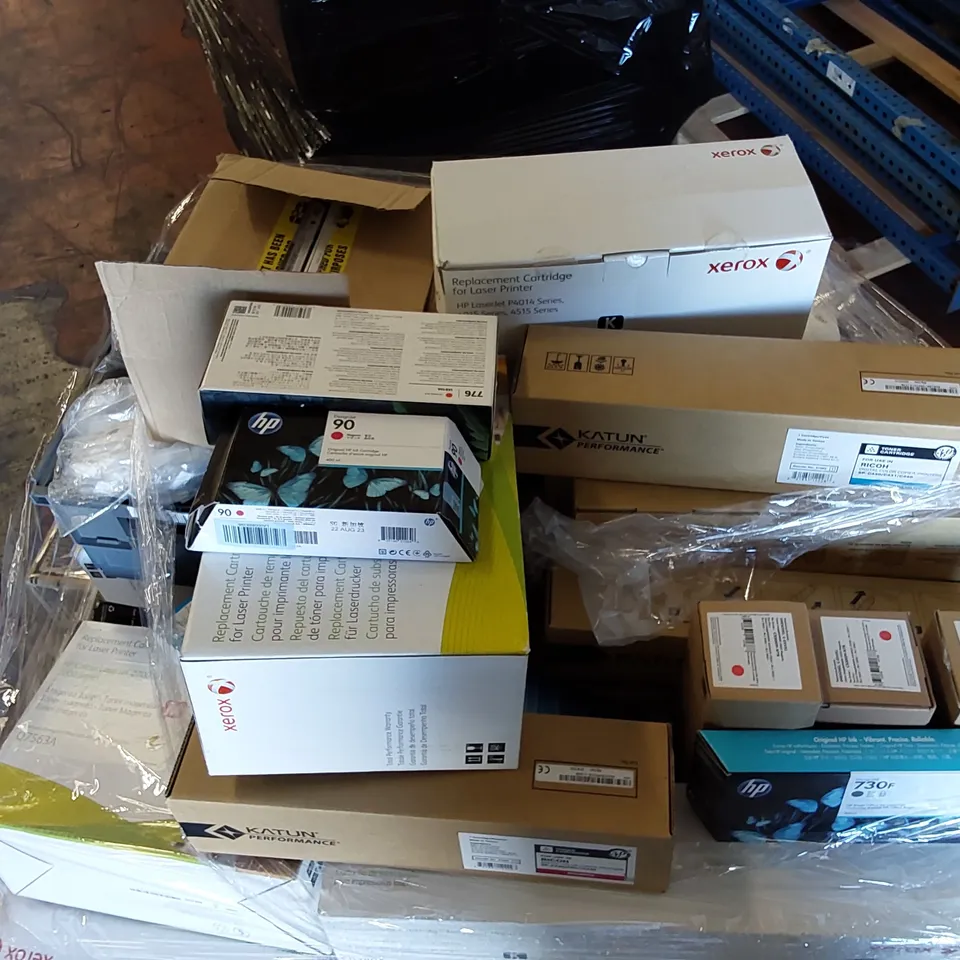 PALLET OF APPROXIMATELY 70X BOXES OF BRAND NEW ASSORTED PRINTER CARTRIDGES FROM BRANDS INCLUDING; HP, XEROX, PANASONIC, CANON, KATUN, DATAPRODUCTS ECT AND 11 ROLLS OF PREMIUM PRINTER WAX