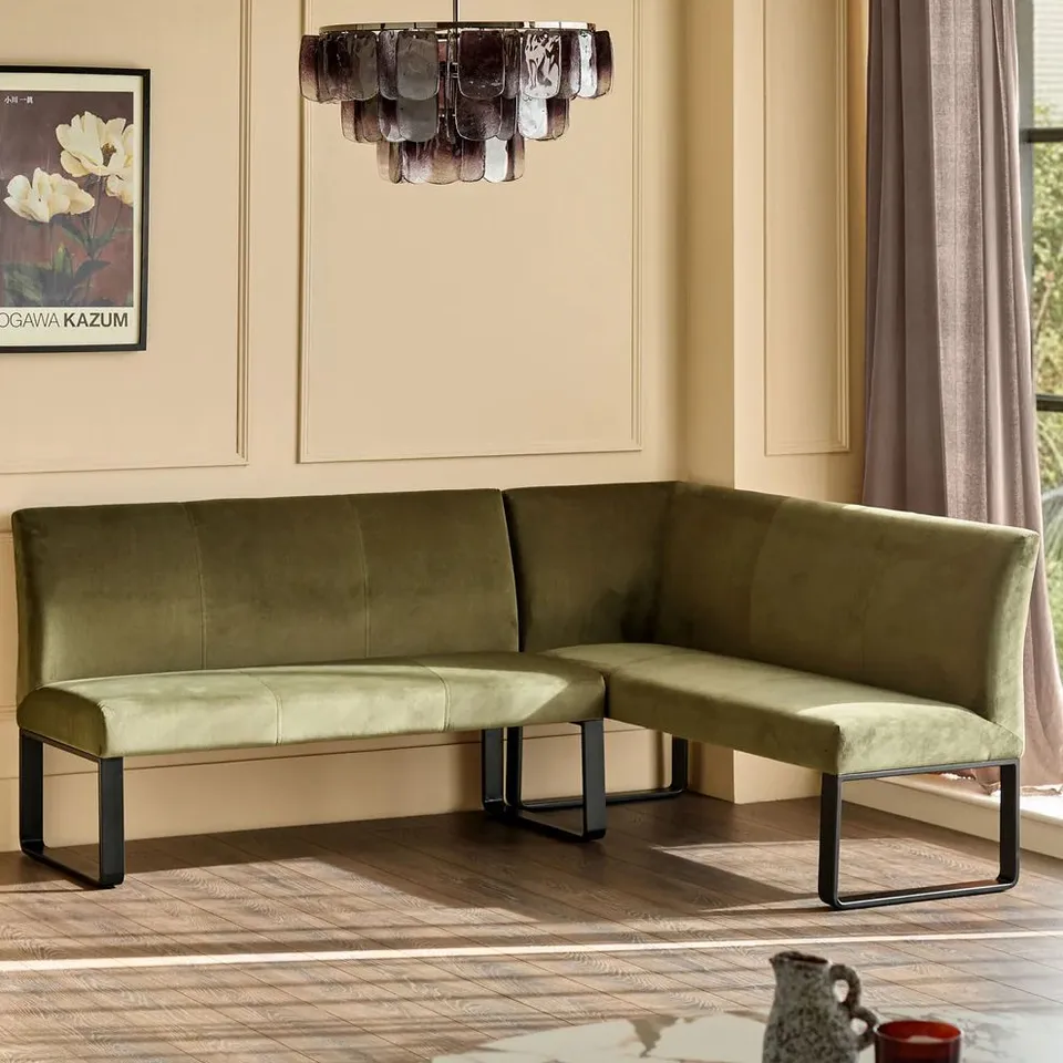 BOXED DANETTI LOOP OLIVE GREEN VELVET BLACK METAL LEFT HAND CORNER 5 SEATER DINING BENCH (3 BOXES)