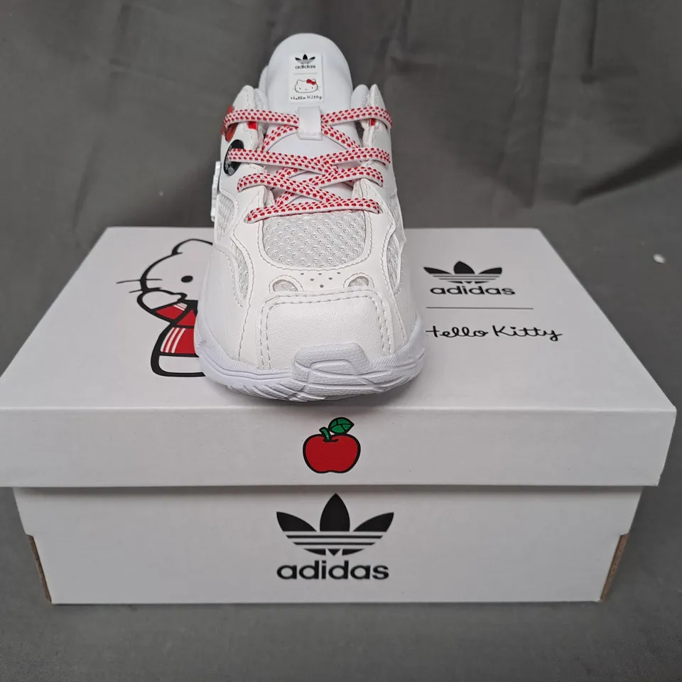 BOXED PAIR OF ADIDAS HELLOW KITTY KIDS SHOES IN WHITE/RED UK SIZE 8.5