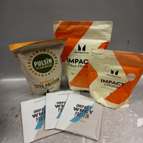 APPROXIMATELY 6 ASSORTED FOOD & DRINK ITEMS TO INCLUDE - MYPROTEIN IMPACT WHEY PROTEIN VANILLA - IMPACT CREATINE UNFLAVOURED - PULSIN SOYA PROTEIN - ETC