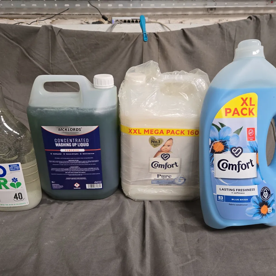 APPROXIMATELY 4 ASSORTED CLEANING PRODUCTS TO INCLUDE - ECOVER NON BIO LAUNDRY DETERGENT - MCKLORDS CONCENTRATED WASHING UP LIQUID - COMFORT FABRIC CONDITIONER - COLLECTION ONLY