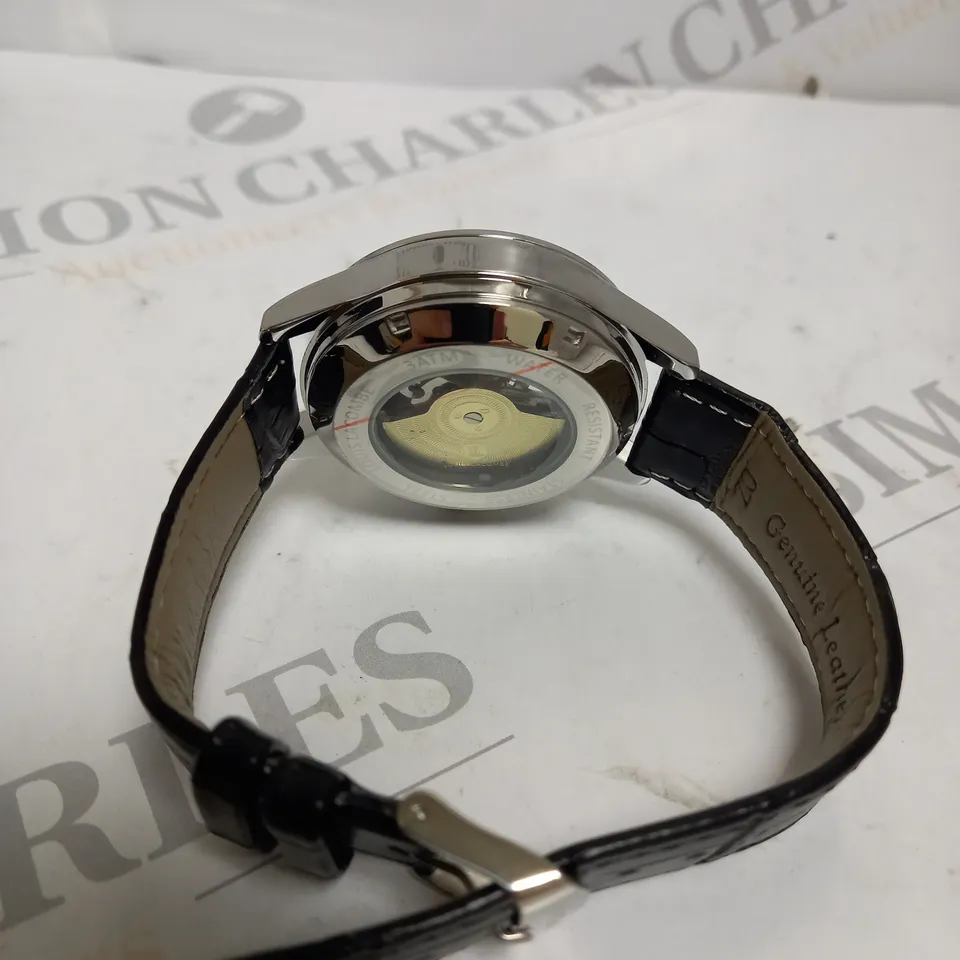 MENS LOUIS LACOMBE AUTOMATIC WATCH – SKELETON DIAL – GLASS EXHIBITION BACK CASE – LEATHER STRAP