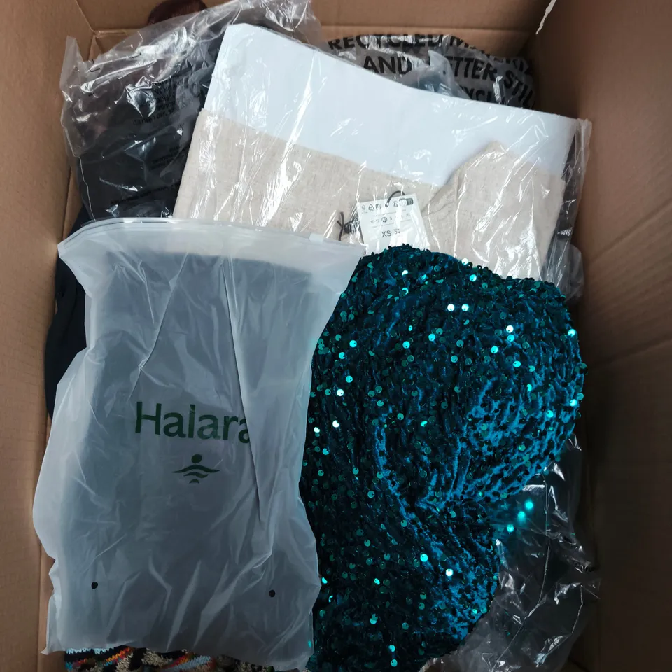 LARGE BOX OF APPROXIMATELY 25 ASSORTED CLOTHING ITEMS IN VARIOUS COLOURS, STYLES AND SIZES - COLLECTION ONLY