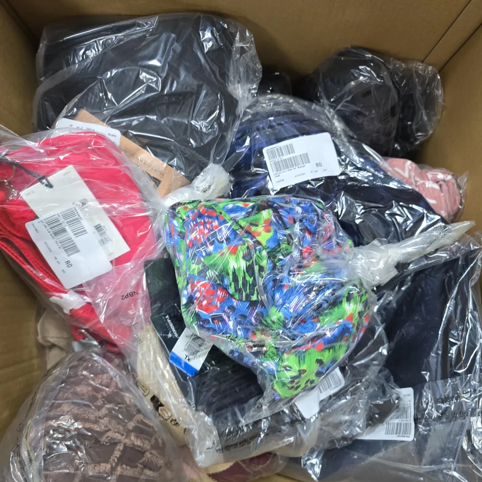 LARGE BOX OF APPROX 10 ASSORTED CLOTHING ITEMS IN VARIOUS COLORS , STYLES AND SIZES 