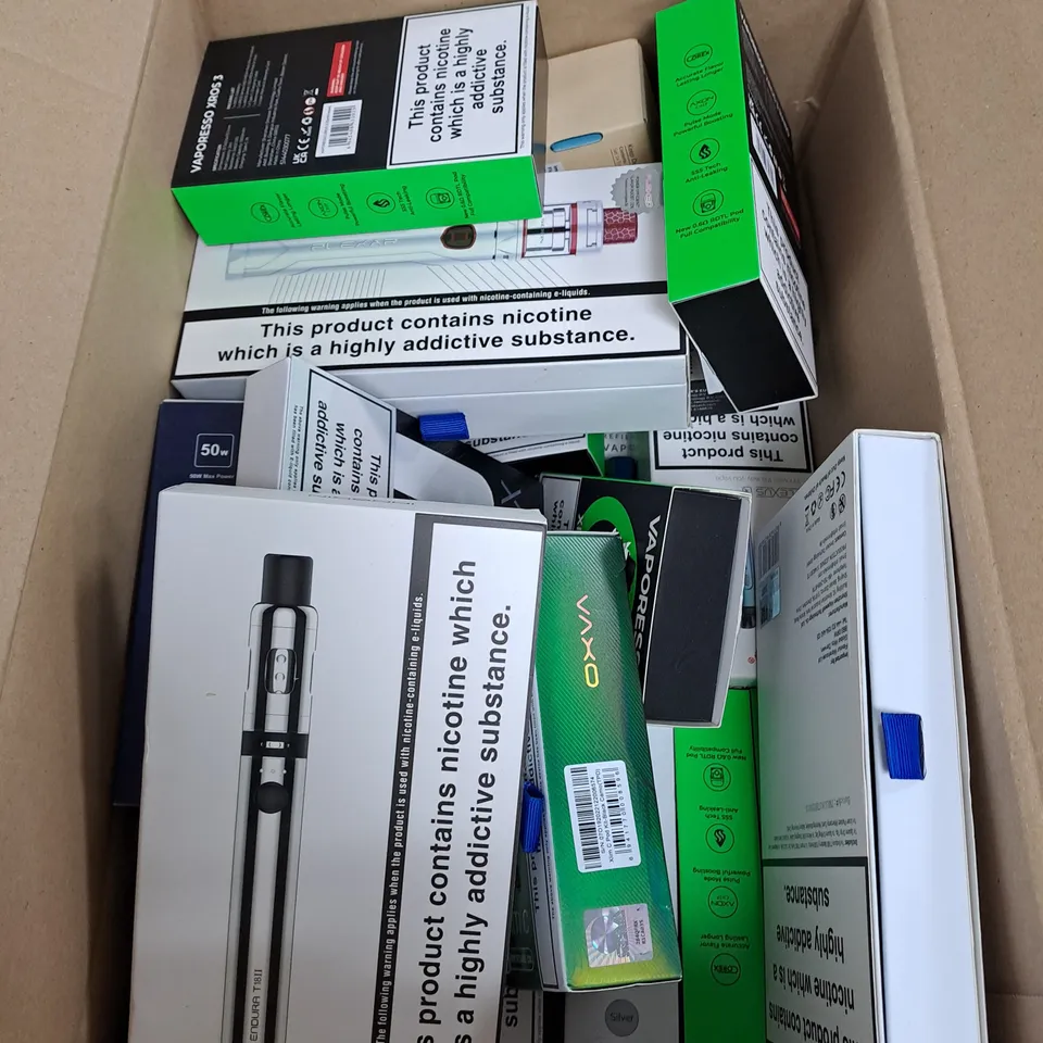 BOX OF APPROXIMATELY 15 ASSORTED E-CIGARATTES TO INCLUDE VAPEROSSO , ASPIRE, INNOKIN ETC.