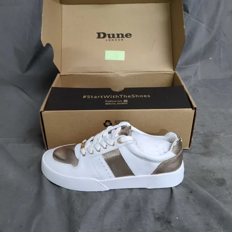 DUNE LONDON WOMEN'S TRAINERS – WHITE WITH ROSE GOLD PANELS SIZE 6 UK