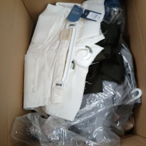 BOX OF APPROXIMATELY 60 ASSORTED CLOTHING ITEMS IN VARIOUS STYLES , COLOURS AND SIZES