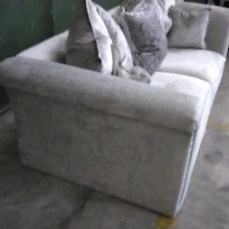 DESIGNER VESPER GREY FABRIC THREE SEATER SOFA WITH STUDDED ARM DETAIL