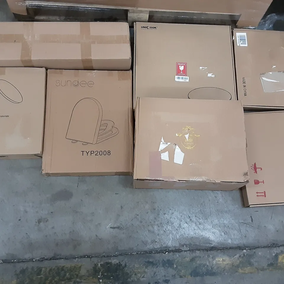 PALLET OF ASSORTED PRODUCTS INCLUDING VIPMOON LED CEILING LIGHT FIXTURES, SUNDEE TOILET SEAT, UNICOOK, TOWEL SHELF, SENATE NON STICK SKILLET, RABBITGOO WINDOW FILM 
