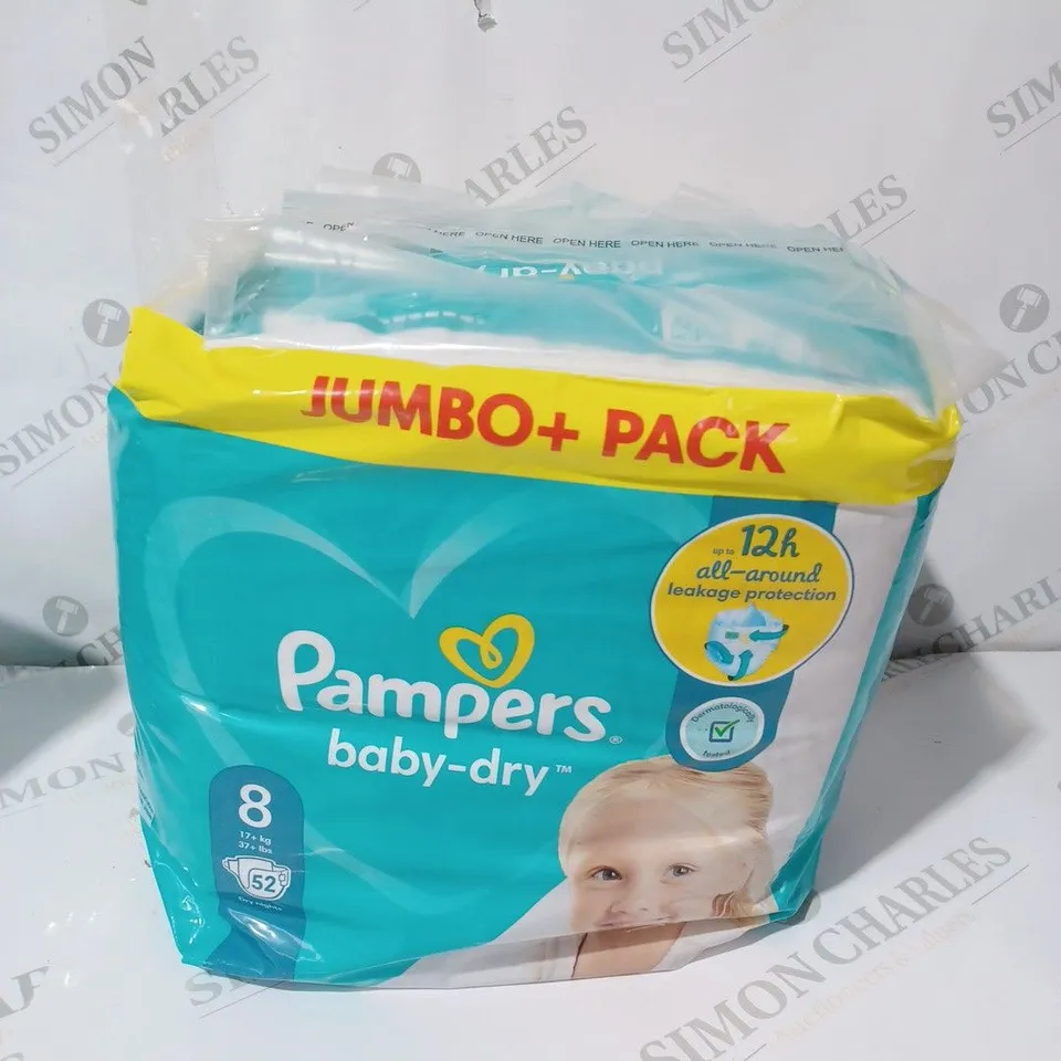 PAMPERS BABY-DRY SIZE 8, 52 NAPPIES, 17KG+, JUMBO+ PACK