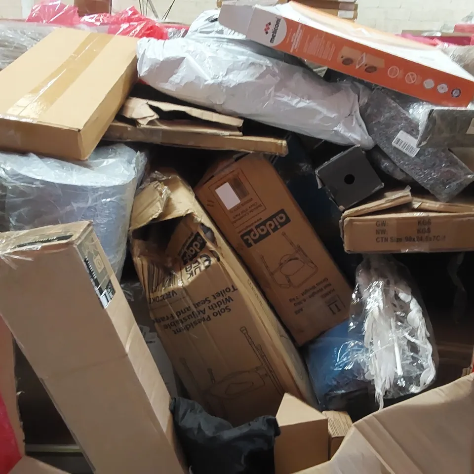 PALLET OF ASSORTED HOUSEHOLD GOODS AND PRODUCTS TO INCLUDE; BEDSIDE COMMODE CHAIR AND TOILET SEAT, PAPER TOWELS, BOXED FURNITURE ETC