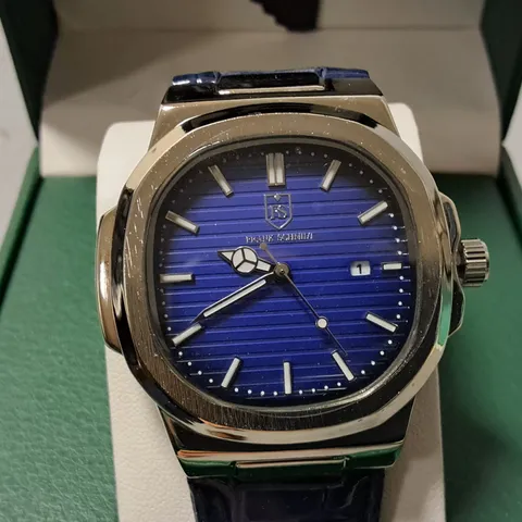 FRANK SCHMIDT STAINLESS STEEL BLUE FACED GENTS WATCH WITH BLUE LEATHER STRAP 