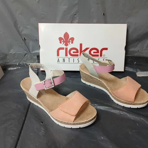 BOXED PAIR OF RIEKER ANKLE STRAP SANDALS PINK/ORANGE SIZE 41