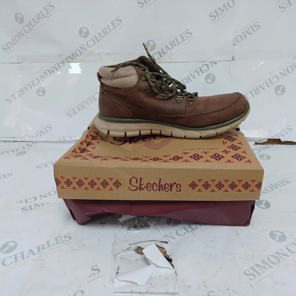 BOXED SKECHERS BROWN SYNERGY WARM TECH BOOT- SIZE 6.5