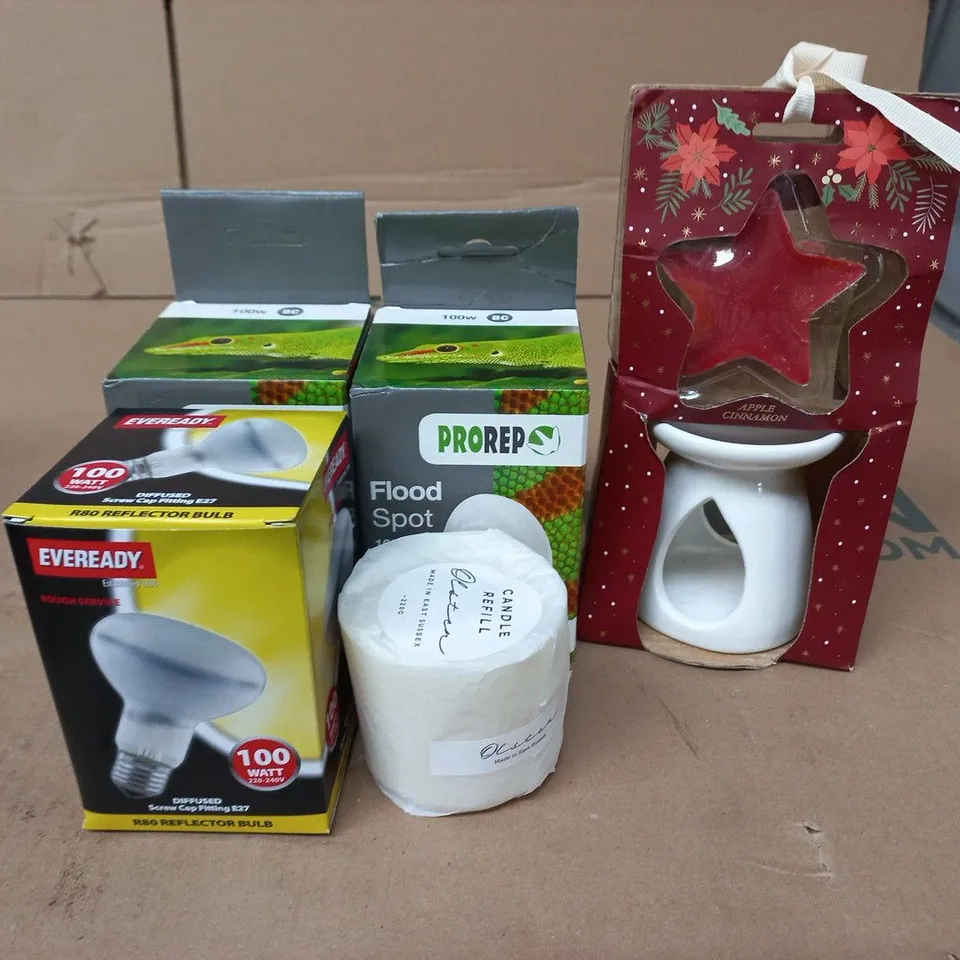 TOTE OF APPROXIMATELY 15 ASSORTED ITEMS TO INCLUDE PROREP FLOOD SPOT BULB, EVEREADY BULB, CANDLE REFILL ETC