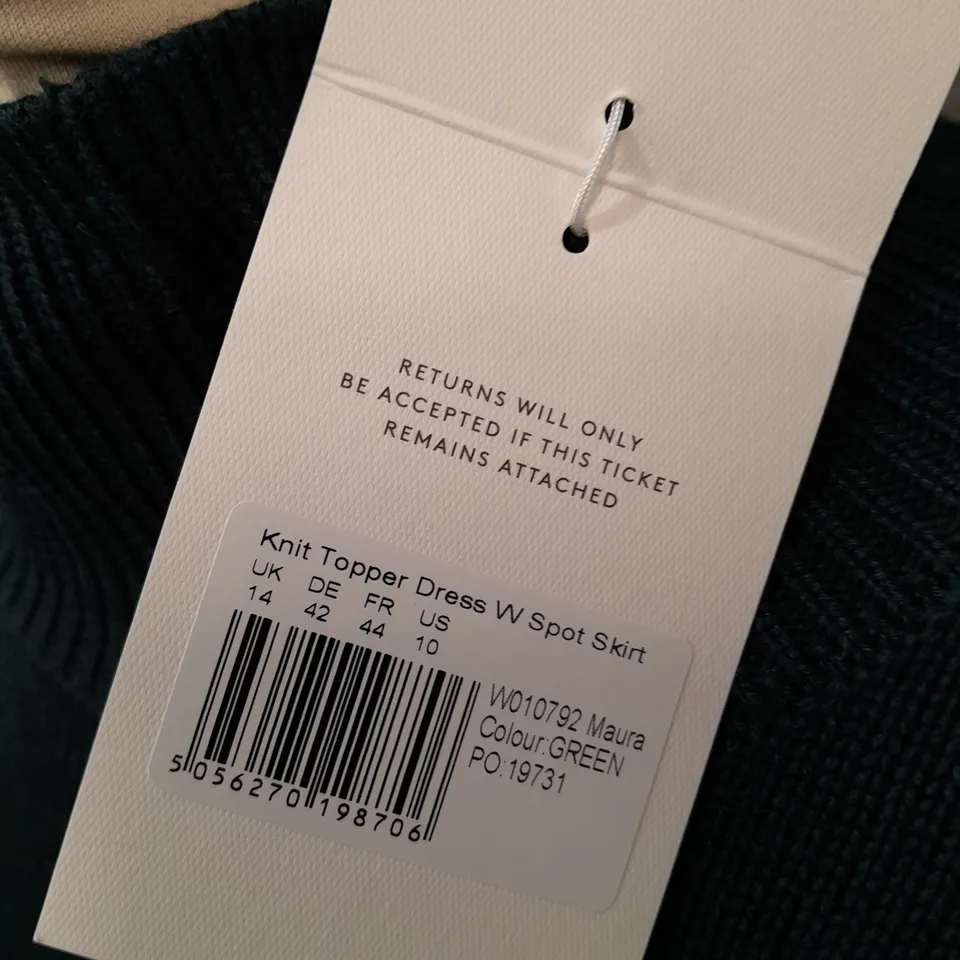 SERAPHINE KNIT TOPPER DRESS WITH SPOT SKIRT IN GREEN - UK 14