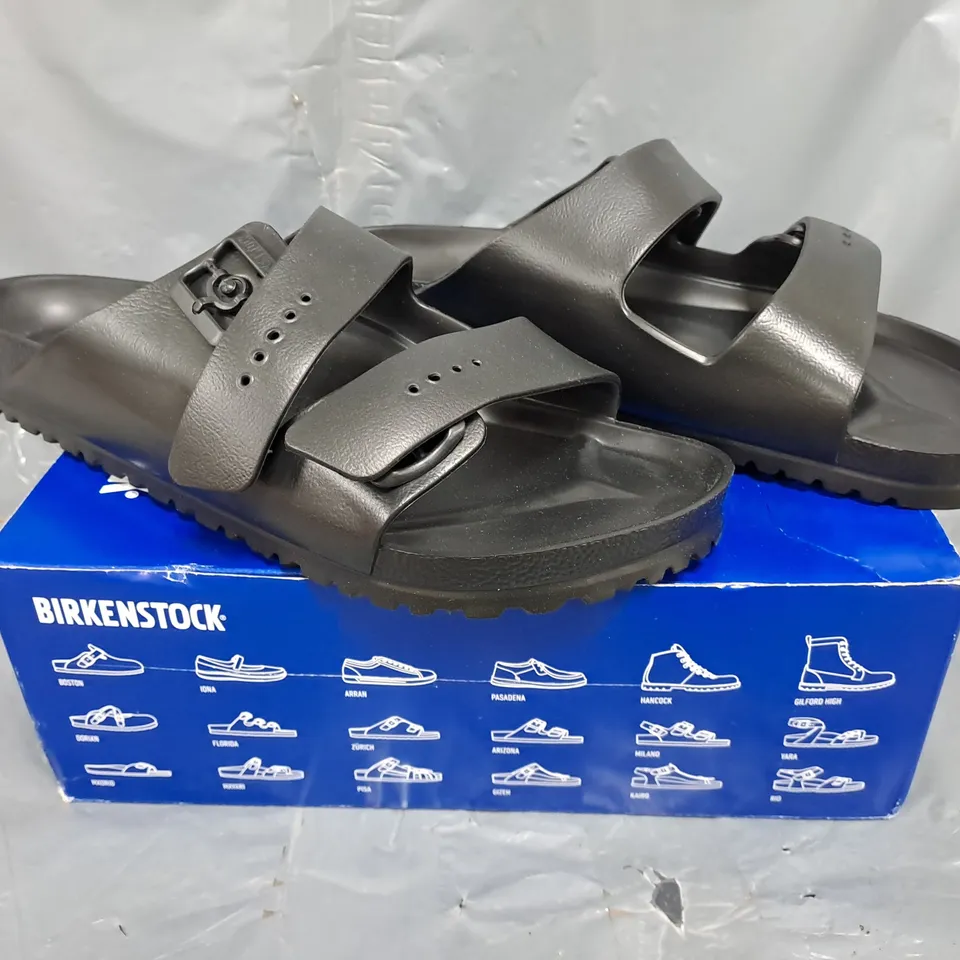 BOXED PAIR OF BIRKENSTOCK ARIZONA EVA OPEN TOE SANDALS IN BLACK SIZE UK 11.5