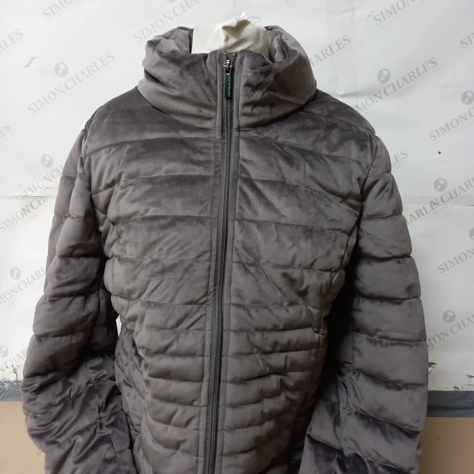 CENTIGRADE VELVET PUFFER JACKET IN CHARCOAL SIZE LARGE