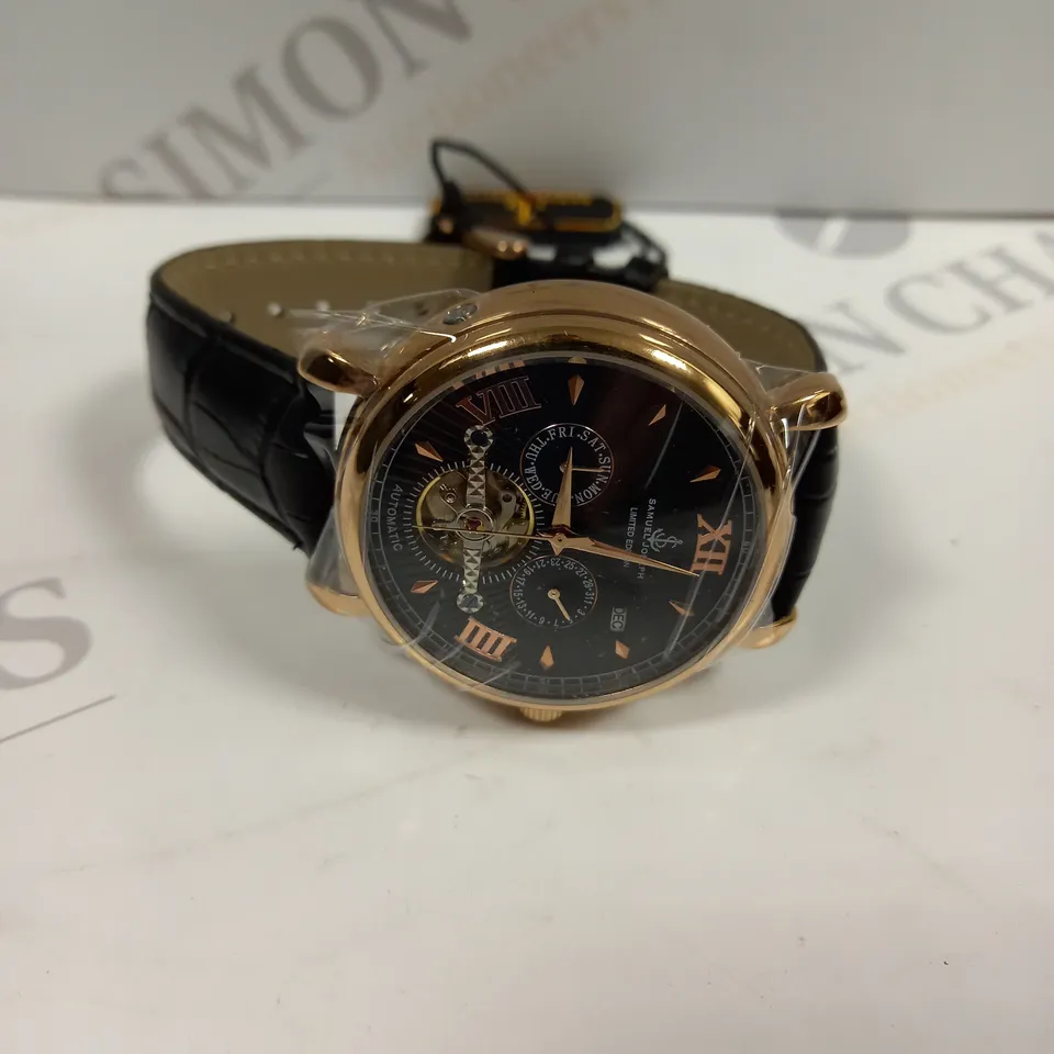 BOXED SAMUEL JOSEPH AUTOMATIC ROSE BLACK WATCH WITH LEATHER STRAP
