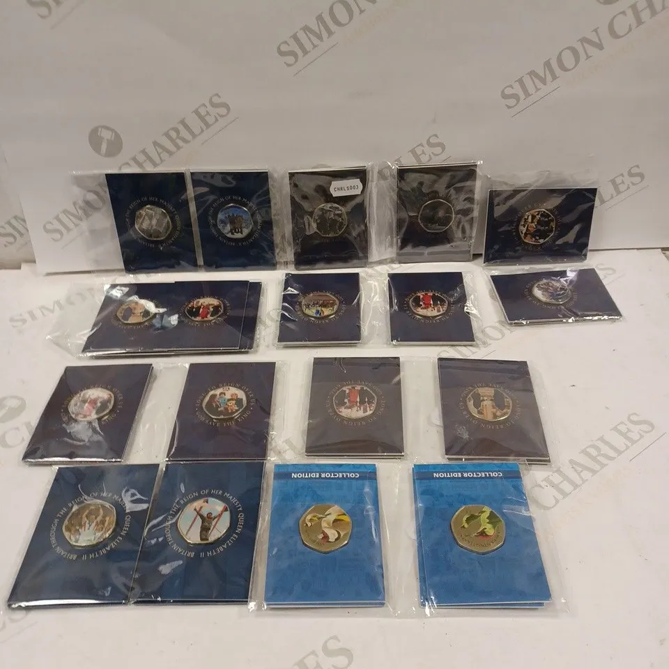 BOX TO CONTAIN APPROX. 30 X ASSORTED COMMEMORATIVE & COLLECTABLE 50P COINS. DESIGNS VARY 