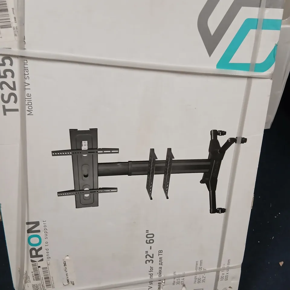 CAGE OF ASSORTED PRODUCTS TO INCLUDE: BLACK MESH-BACK OFFICE CHAIR WITH DAMAGED ARMREST; BOXED TV WALL MOUNT/STAND