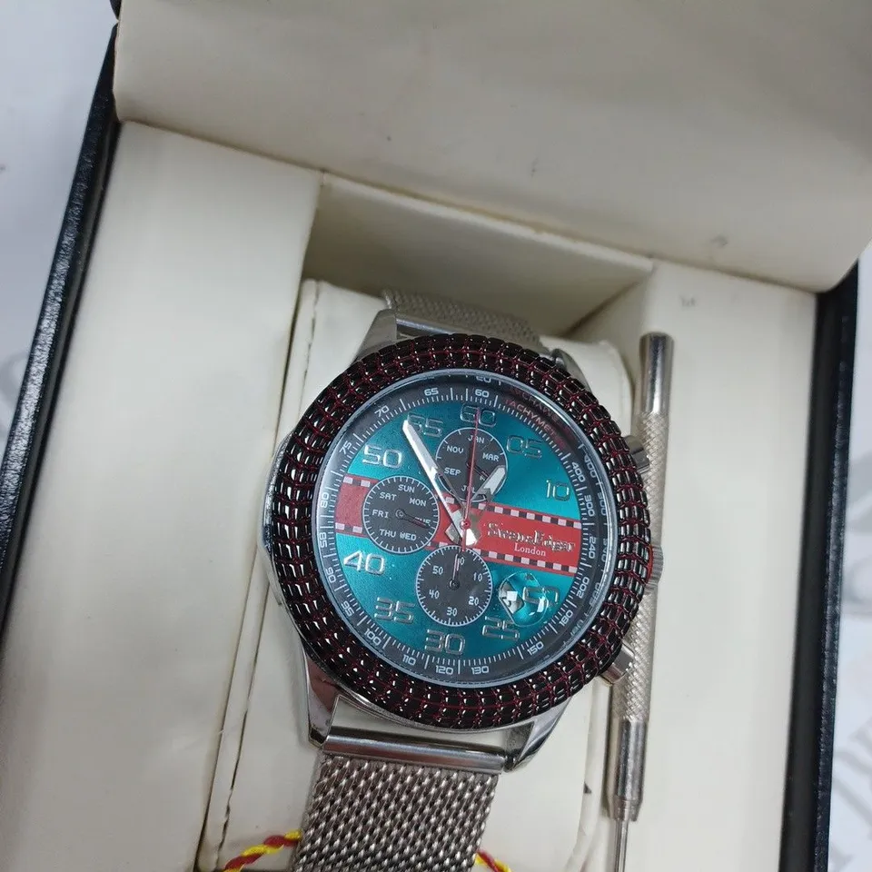 SWAN AND EDGAR RACE LINE SILVER TEAL WATCH WITH CASE