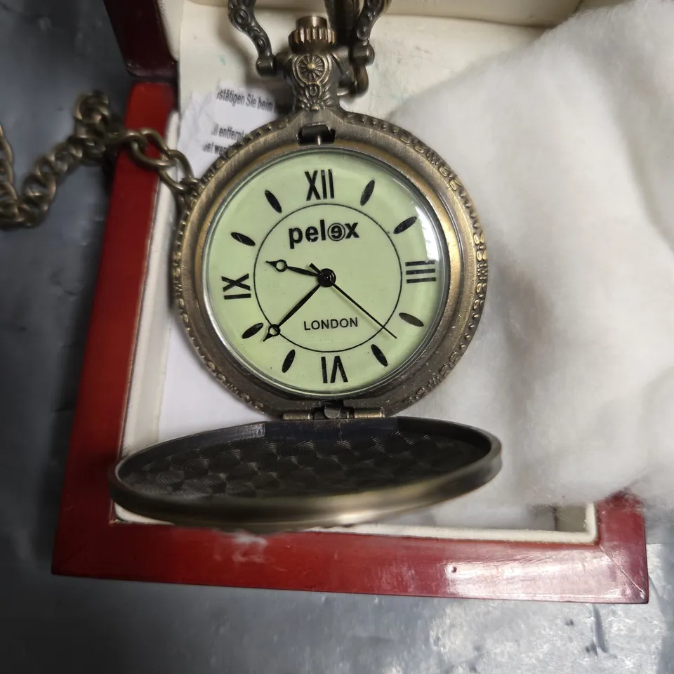 PELOX LONDON POCKET WATCH ON CHAIN – ORNATE BRASS CASE