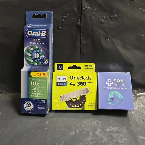 APPROXIMATELY 10 ASSORTED COSMETIC PRODUCTS TO INCLUDE ANIT-SNORING DEVICE, ORAL-B, ETC