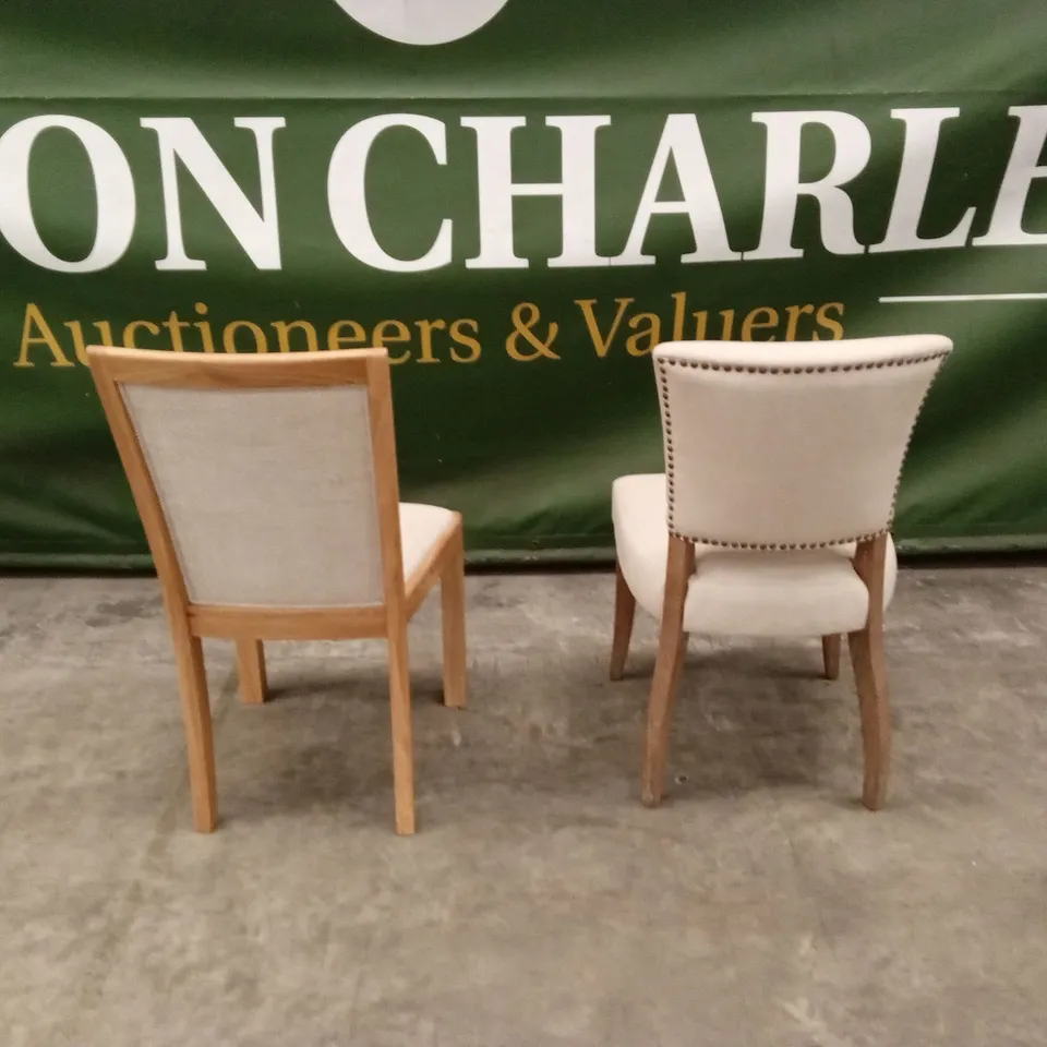 2 x DESIGNER WOOD AND FABRIC UPHOLSTERED DINING CHAIRS