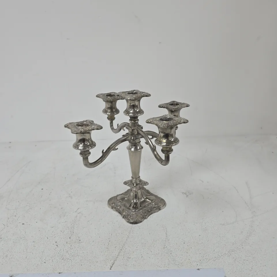 FIVE-BRANCH SILVER-PLATED CANDELABRUM WITH ORNATE BASE
