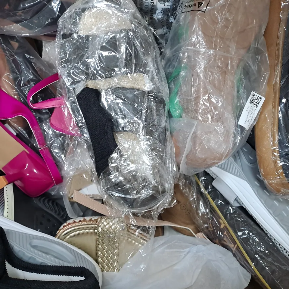BOX OF APPROXIMATELY 10 ASSORTED PAIRS OF SHOES AND FOOTWEAR ITEMS IN VARIOUS COLOURS, STYLES, AND SIZES - COLLECTION ONLY