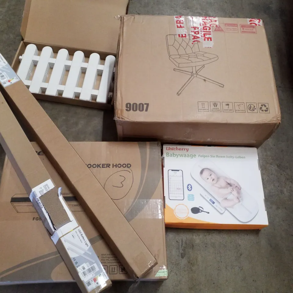 PALLET CONTAINING ASSORTED PRODUCTS INCLUDING COOKER HOOD, LED BATTEN LIGHT, WHITE PLASTIC FENCE, BAR STOOL & BABY SCALE