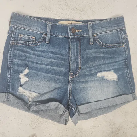 HOLLISTER HIGH RISE DISTRESSED DENIM SHORT SHORTS IN BLUE SIZE 25