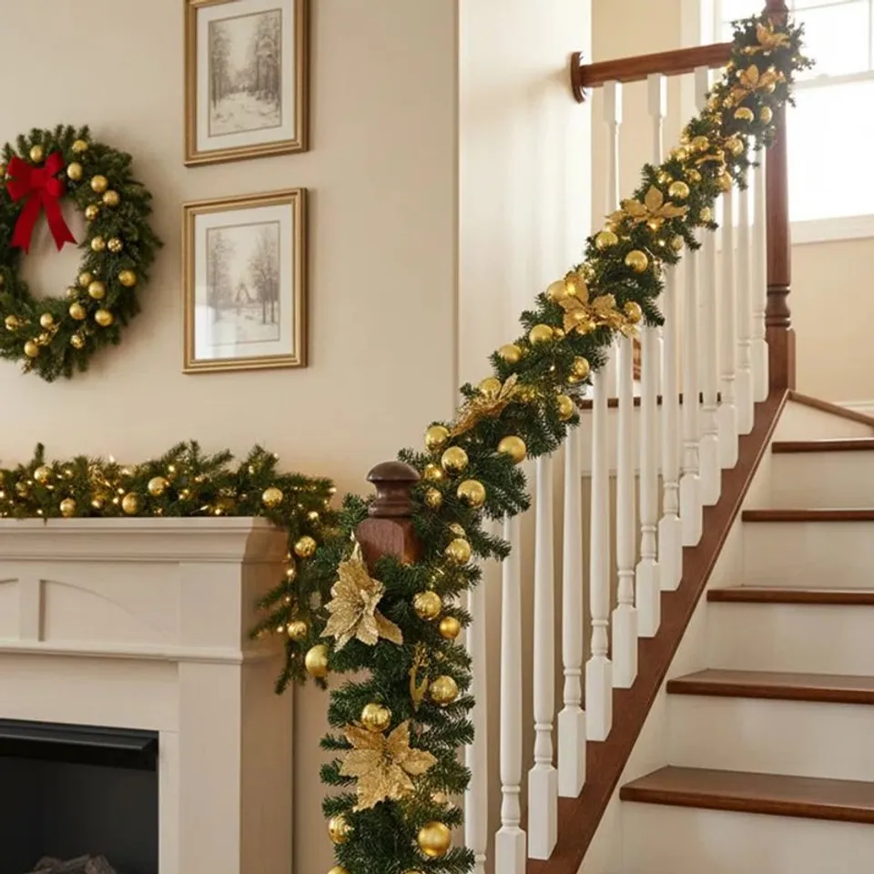 BOXED 270CM LIGHTED FAUX POINSETTIA GARLAND WITH LIGHTS (1 BOX)