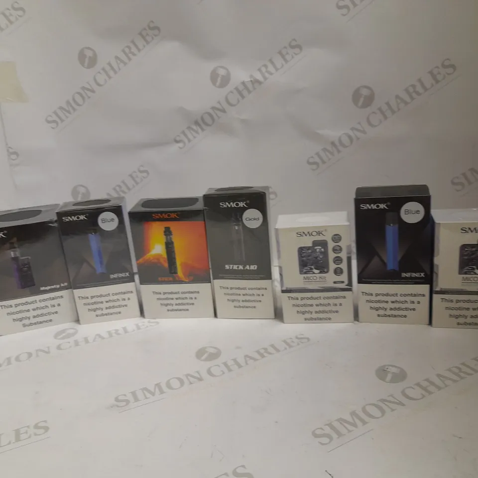 LOT OF APPROXIMATELY 10 E-CIGARETTE RELATED ITEMS TO INCLUDE SMOKE V12 PRINCE MESH, SMOK INFINIX, AND SMOK PRIV V8 KIT ETC.
