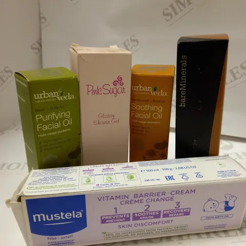 LOT OF 5 ITEMS INCLUDING URBAN VERA FACIAL OILS, PINK SUGAR SHOWER GEL, BAREMINERALS COMPLEXION RESCUE
