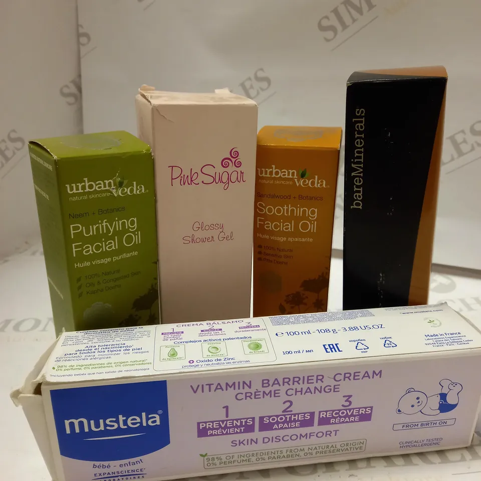 LOT OF 5 ITEMS INCLUDING URBAN VERA FACIAL OILS, PINK SUGAR SHOWER GEL, BAREMINERALS COMPLEXION RESCUE
