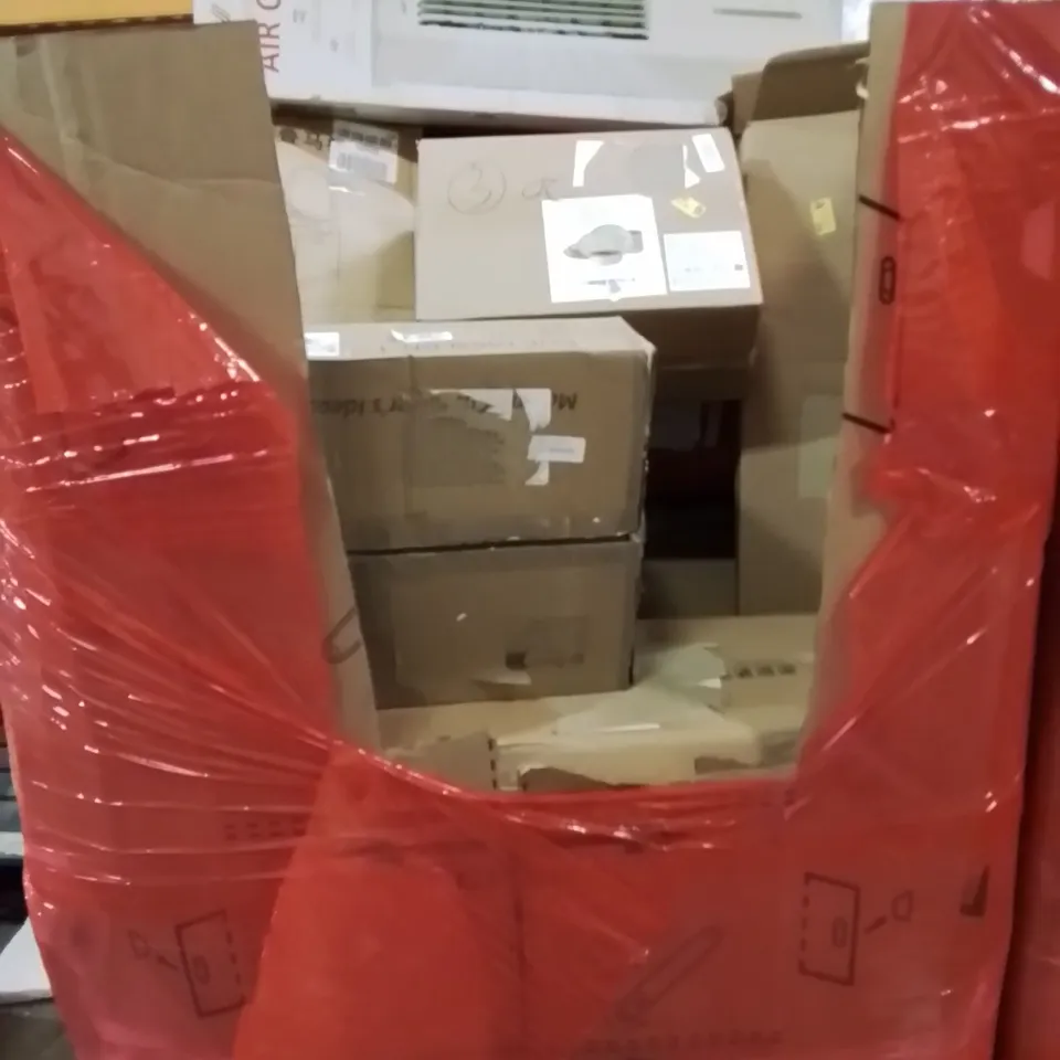 PALLET CONTAINING VARIOUS ASSORTED BOXED HOUSEHOLD ITEMS TO INCLUDE: PORTABLE TOILET, AIR COOLER, DISH SERVING SET, END TABLE AND LOTS MORE UNMARKED BOXED ITEMS 