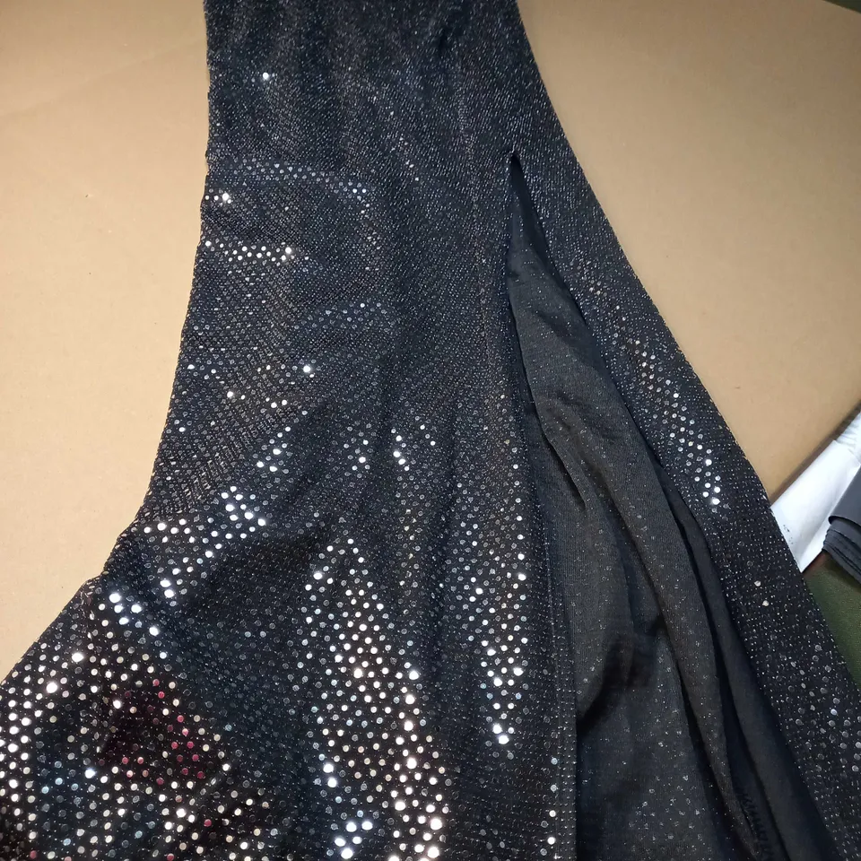 BOOHOO SILVER SEQUIN COWL NECK HIGH  SPLIT MAXI DRESS - SIZE 16