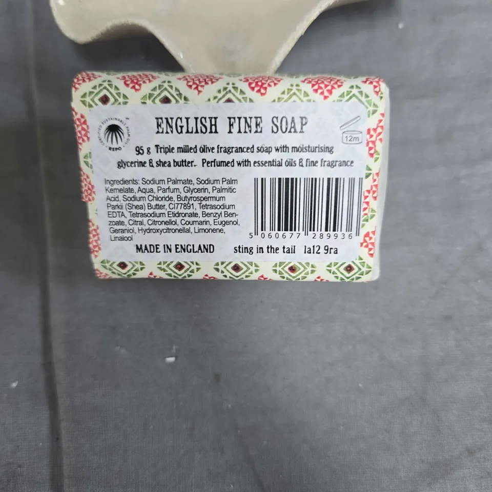 ENGLISH FINE SOAP ON CERAMIC SOAP DISH – MADE IN ENGLAND
