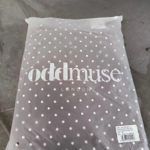 BAGGED DDMUSE THE ULTIMATE MUSE STRAPLESS PEPLUM HEM MIDI DRESS – BROWN & POLKA DOT, SIZE M