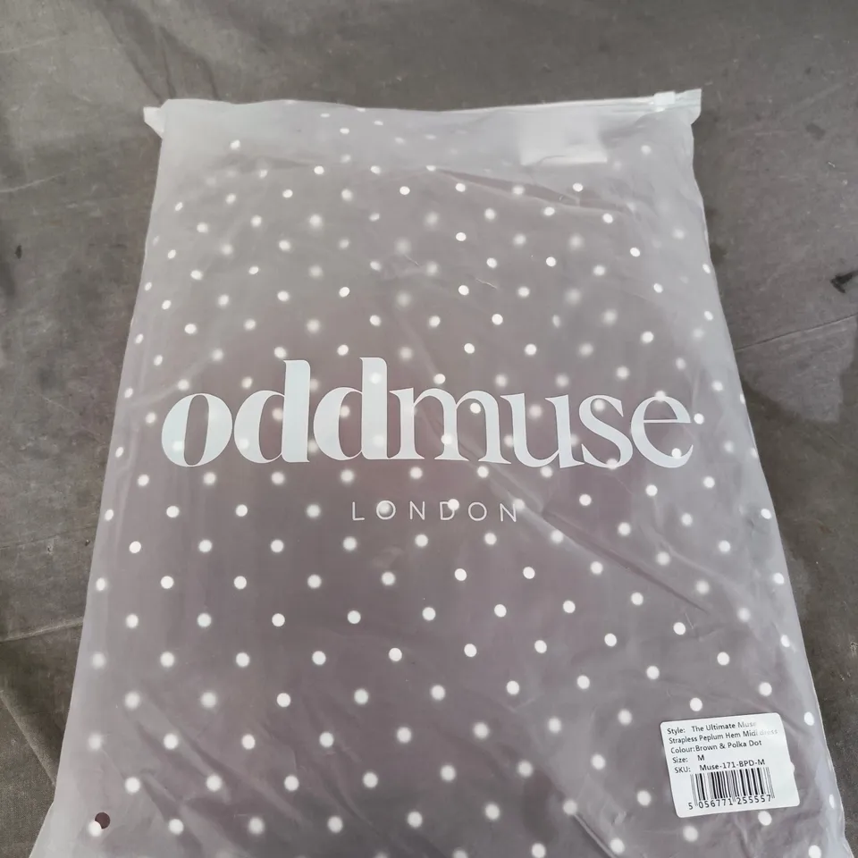 BAGGED DDMUSE THE ULTIMATE MUSE STRAPLESS PEPLUM HEM MIDI DRESS – BROWN & POLKA DOT, SIZE M 