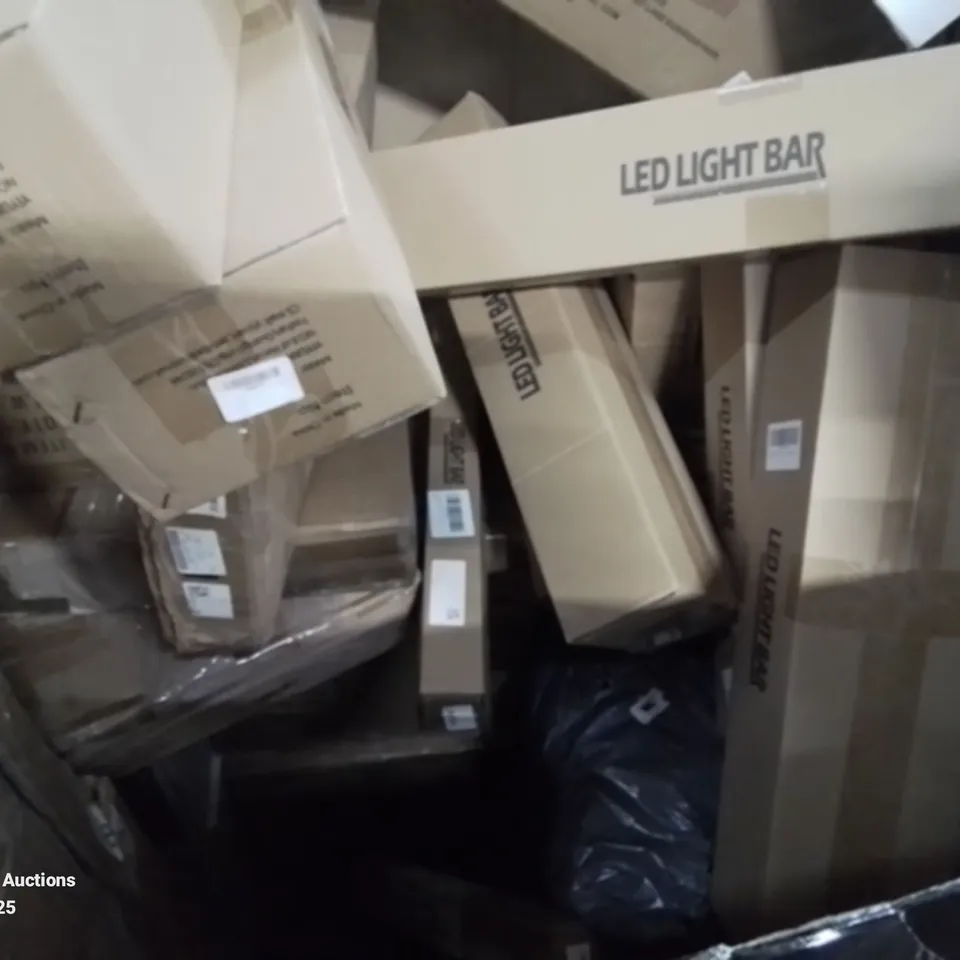 PALLET CONTAINING VARIOUS ASSORTED ITEMS TO INCLUDE SEVERAL LED LIGHT BARS, SHOE CABINET, TV SCREEN PROTECTORS, LED CEILING LIGHT AND LOTS MORE UNMARKED BOXED ITEMS 