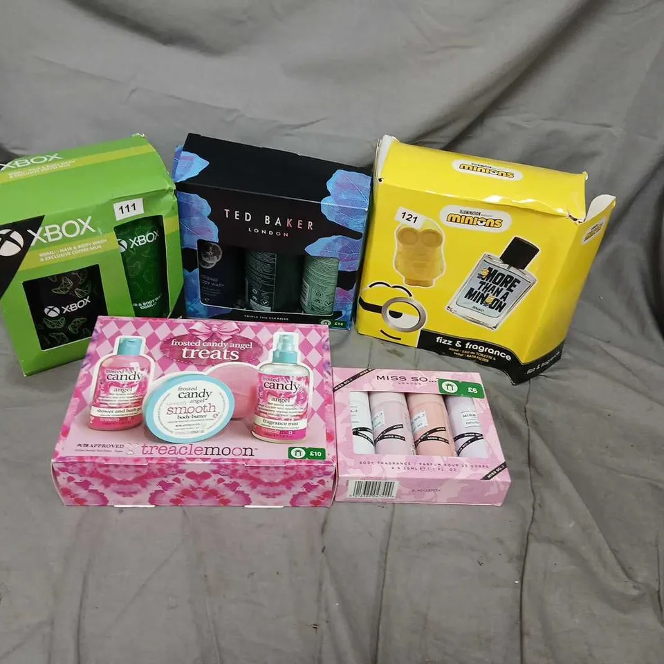 SIX ASSORTED GIFT SETS TO INCLUDE; X BOX, MINIONS, TED BAKER AND MISS SO....