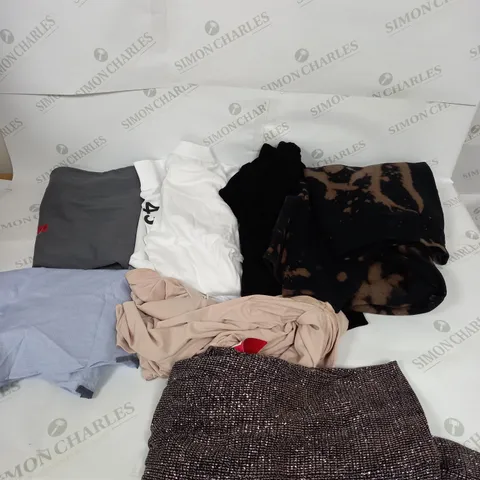 LARGE BOX OF ASSORTED CLOTHING ITEMS IN VARIOUS COLOURS AND SIZES INCLUDING TROUSERS , TOPS AND JUMPERS