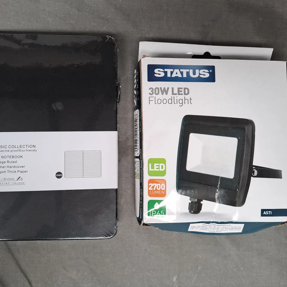 BOX OF APPROXIMATELY 20 ASSORTED HOUSEHOLD ITEMS TO INCLUDE LINED NOTEBOOK, 30W LED FLOODLIGHT, ETC