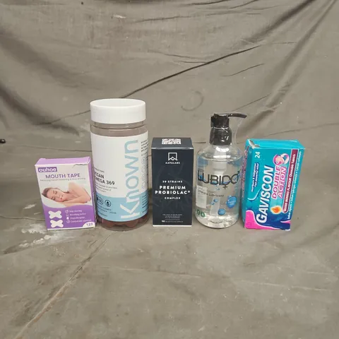 TOTE OF APPROXIMATELY 20 ASSORTED HEALTHCARE PRODUCTS TO INCLUDE GAVISCON DOUBLE ACTION CHEWABLE TABLETS - LUBIDO INTIMATE LUBRICANT AND KNOWN VEGAN OMEGA 369 GUMMIES